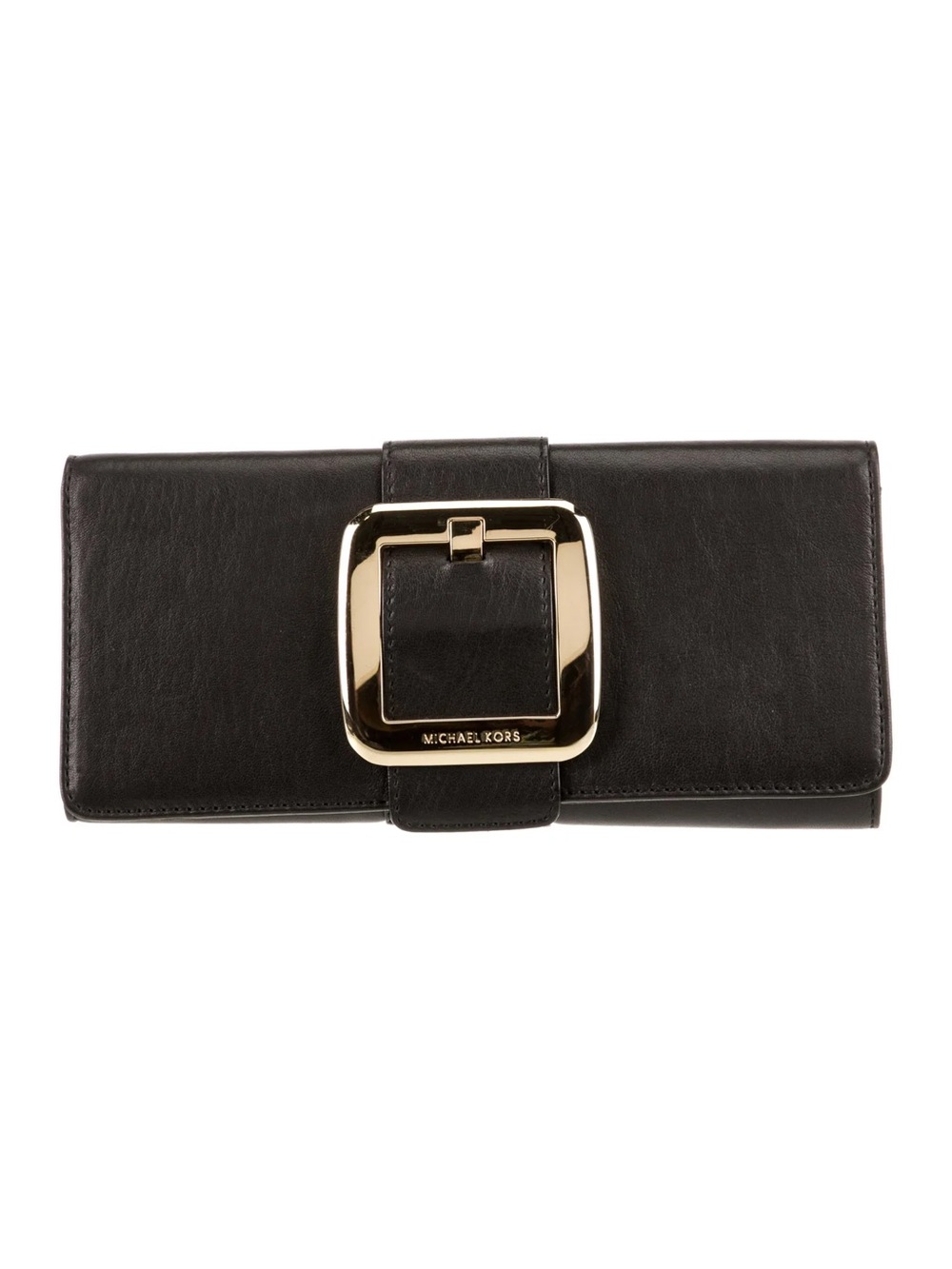 Like New Michael Kors Black Leather Clutch with Gold Buckle Accent